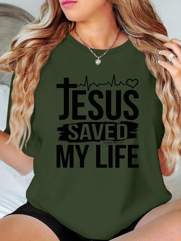 Women's "JESUS SAVE MY LIFE" Print Round Neck Tee, Fashion Casual Crew Neck T-shirt for Daily Holiday Vacation Outdoor...