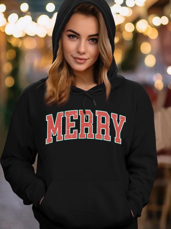 Women's "MERRY" Letter Print Drawstring Pocket Hoodie, Casual Long Sleeve Hooded Sweatshirt for Fall & Winter, Women's...