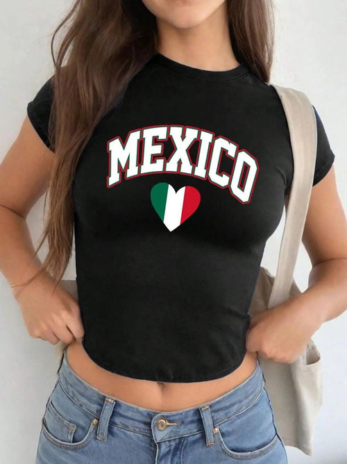 Women's "Mexico" Letter & Heart Print Round Neck Crop Tee, Casual Short Sleeve Crew Neck T-Shirt for Summer, Fashion...