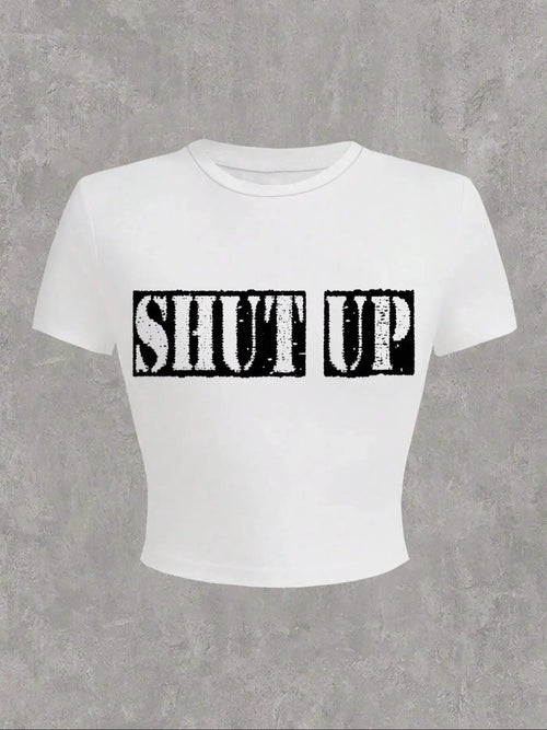 Women's "SHUT UP" Letter Print Round Neck Crop Tee, Casual Short Sleeve Crew Neck T-Shirt for Daily Wear, Streetwear Tops...
