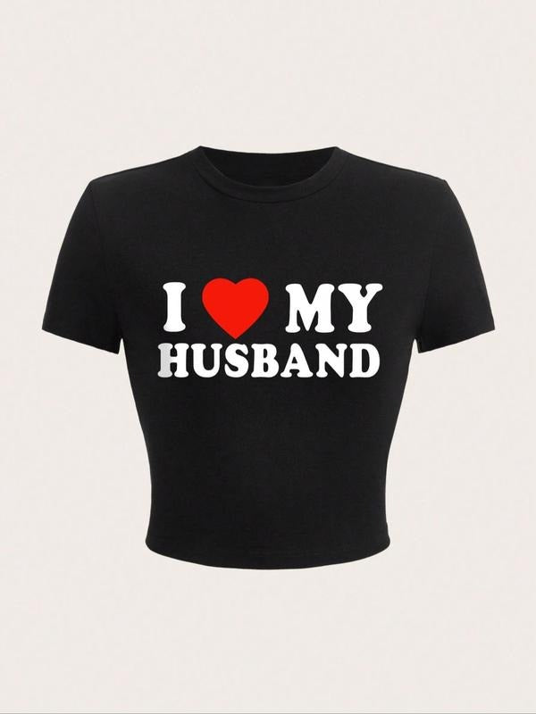 Women's "i Love My Husband" Print Round Neck Crop Tee, T Shirts for Women, Graphic Tees, Casual Heart & Letter Print...