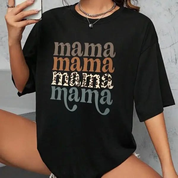 Women's "mama" Letter Print Round Neck Tee, Vintage Trendy Casual Drop Shoulder Half Sleeve T-shirt For Daily Wear, Back...