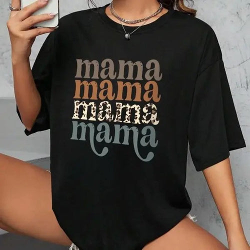 Women's "mama" Letter Print Round Neck Tee, Vintage Trendy Casual Drop Shoulder Half Sleeve T-shirt For Daily Wear, Back...