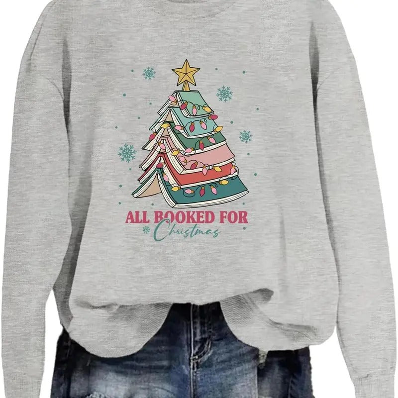 Women's All Booked For Christmas Sweatshirt - Book Christmas Tree Graphic Crewneck Pullover - Cotton, Fabric Fit...