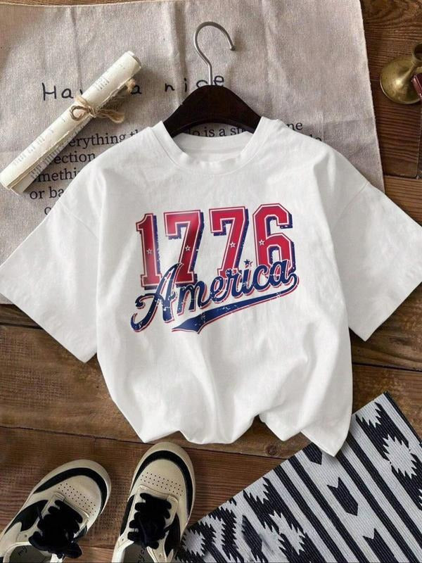 Women's America Flag Print Round Neck Tee, Casual Short Sleeve Crew Neck T-Shirt for Summer, Fashion Women's Top for...