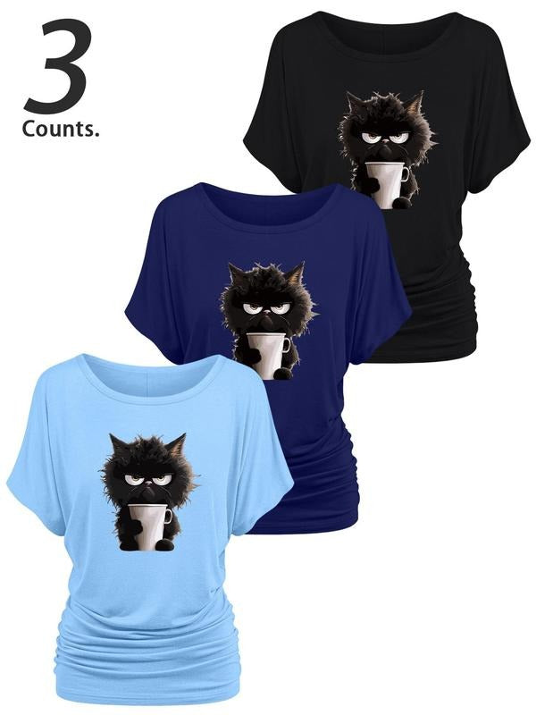 Women's Angry Cat Print Round Neck Tee, Casual Short Sleeve Crew Neck T-Shirt for Daily Wear, Ladies Clothes for All...