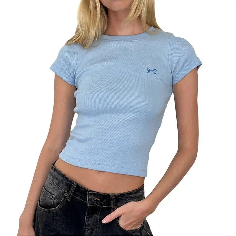 Women's Basic Crop Tops Tight Fitted Round Neck Short Sleeve Cute Bow Embroidery Ribbed T-Shirts Tops Y2k Summer Blouse...