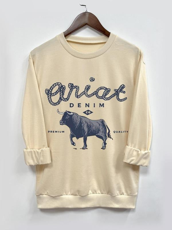 Women's Bull & Letter Print Crew Neck Sweatshirt, Casual Drop Shoulder Long Sleeve Pullover, Women's Fall & Winter...