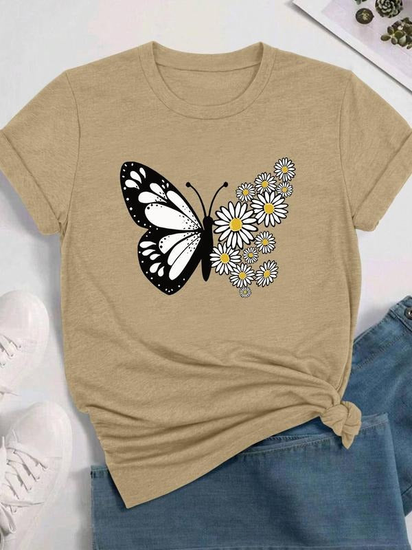 Women's Butterfly & Floral Print Round Neck Tee, Casual Short Sleeve Crew Neck T-shirt for Daily Wear, Ladies Clothes for...