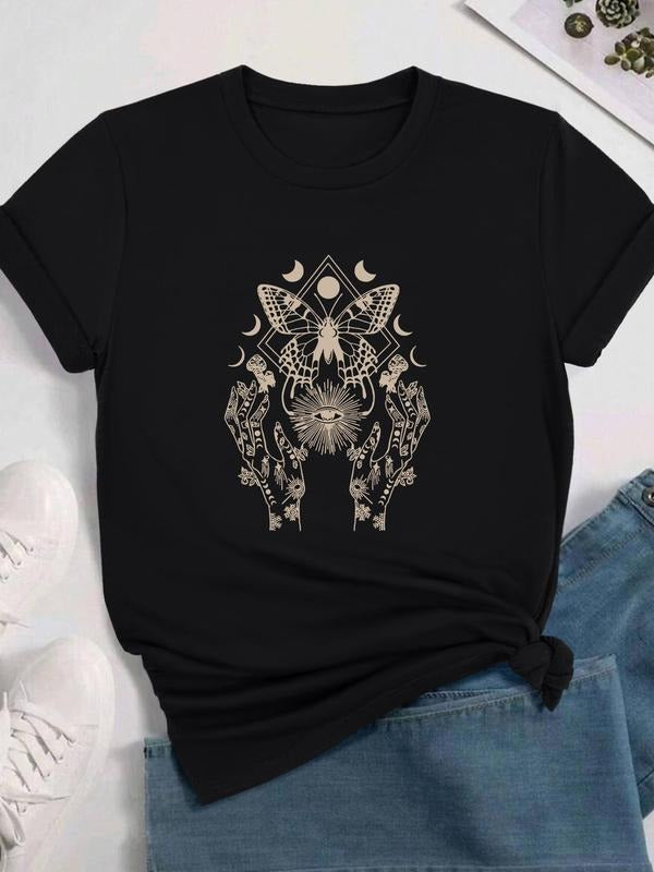 Women's Butterfly & Moon Print Round Neck Tee, Trendy Casual Crew Neck Short Sleeve T-shirt for Daily Wear, Ladies All...