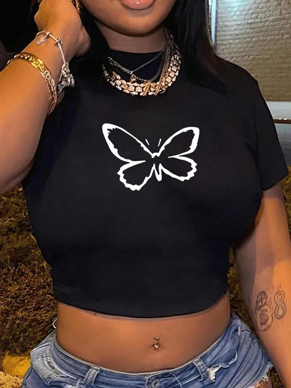 Women's Butterfly Print Round Neck Crop Tee, Casual Short Sleeve T-shirt for Daily Wear, Ladies Clothes for All...