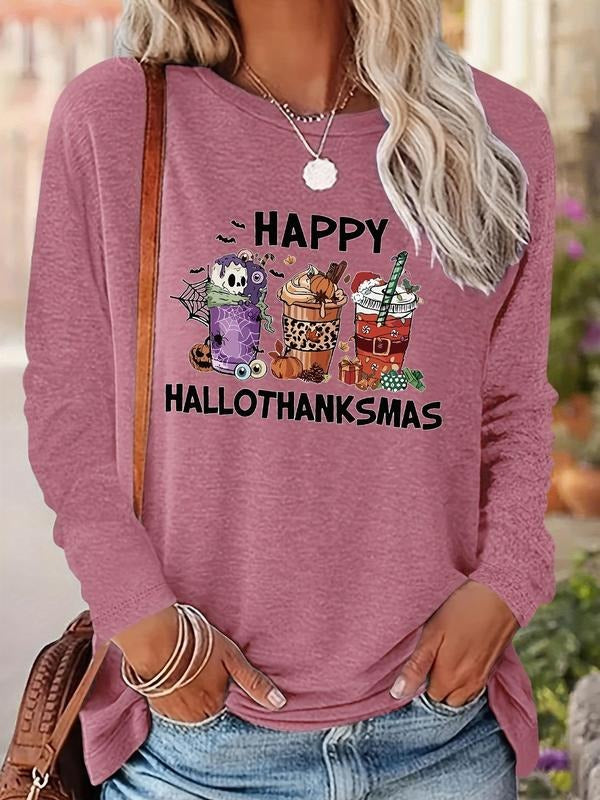 Women's Cartoon & Letter Print Drop Shoulder T-shirt, Casual Long Sleeve Round Neck Pullover for Daily Wear, Ladies Fall...