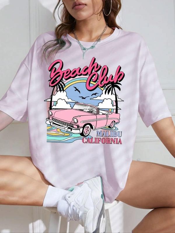 Women's Cartoon Car & Letter Graphic Drop Shoulder Tee, Fashion Casual Round Neck Half Sleeve T-Shirt for Summer, Ladies...
