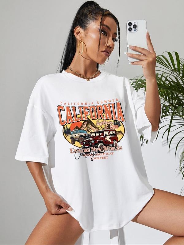 Women's Cartoon Car Graphic Print Round Neck Tee, Fashion Casual Drop Shoulder Short Sleeve T-shirt for Daily Wear,...