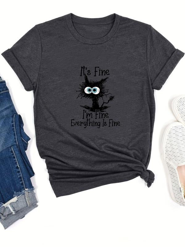 Women's Cartoon Cat & Letter Print Tee, Summer Clothes Women, Casual Graphic Round Neck Fitted T-shirt for Lady Summer,...