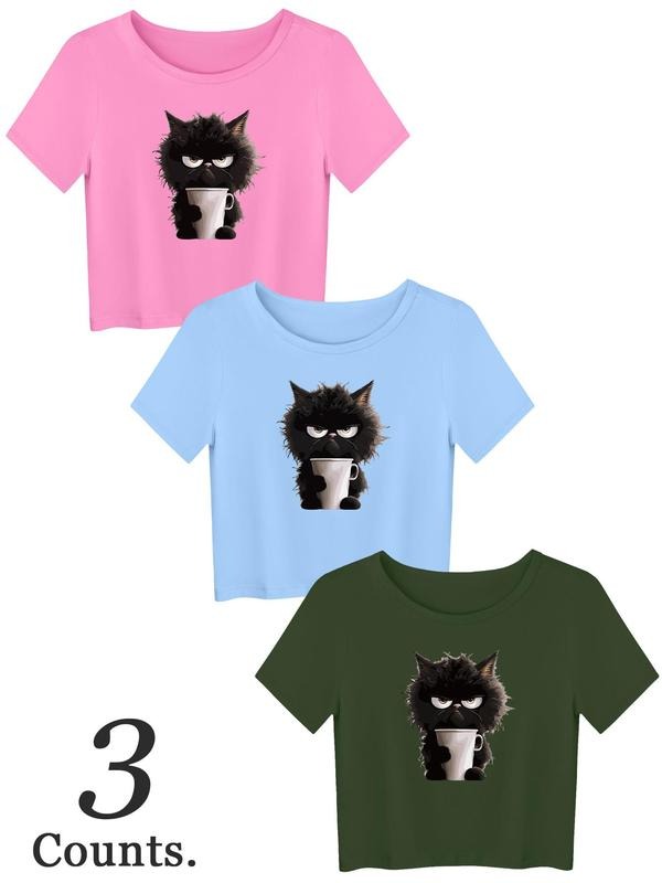 Women's Cartoon Cat Print Crop Tee, Casual Short Sleeve Round Neck T-shirt for Daily Wear, Ladies Clothes for All...