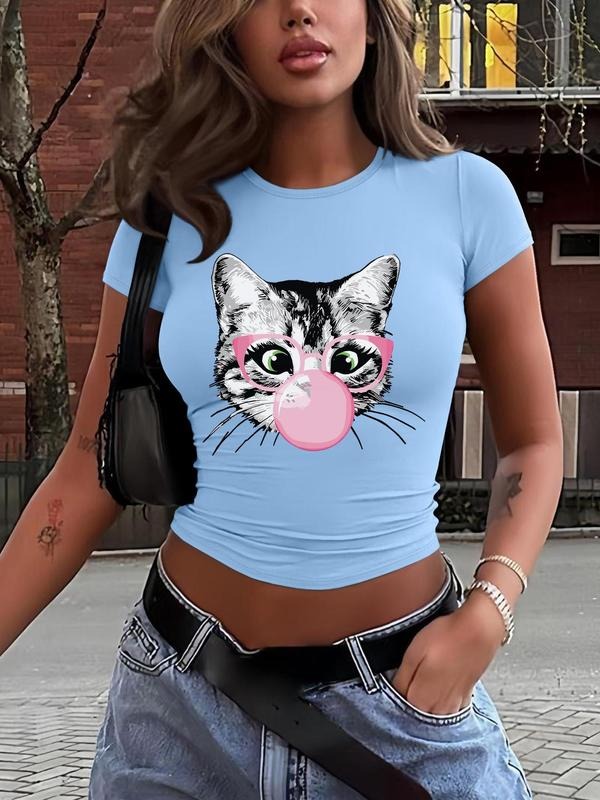 Women's Cartoon Cat Print Round Neck Tee, Fashion Casual Crew Neck T-shirt for Daily Holiday Vacation Outdoor Wear,...