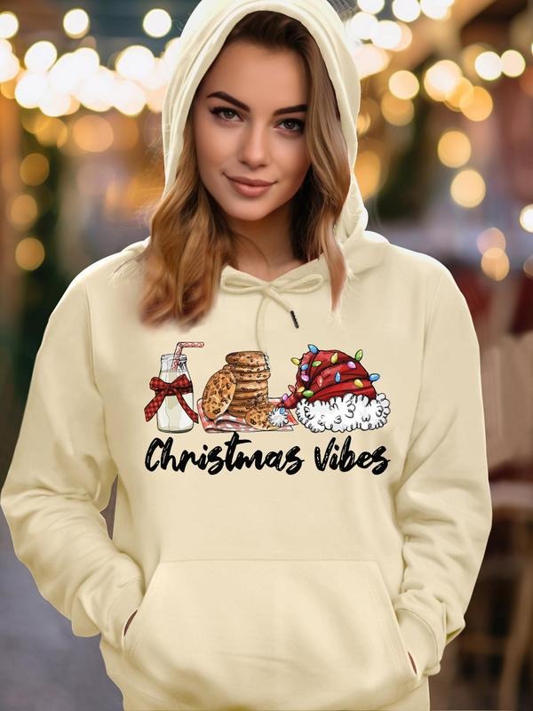 Women's Cartoon Christmas Letter Print Drawstring Pocket Hoodie, Casual Long Sleeve Hooded Sweatshirt for Fall & Winter,...