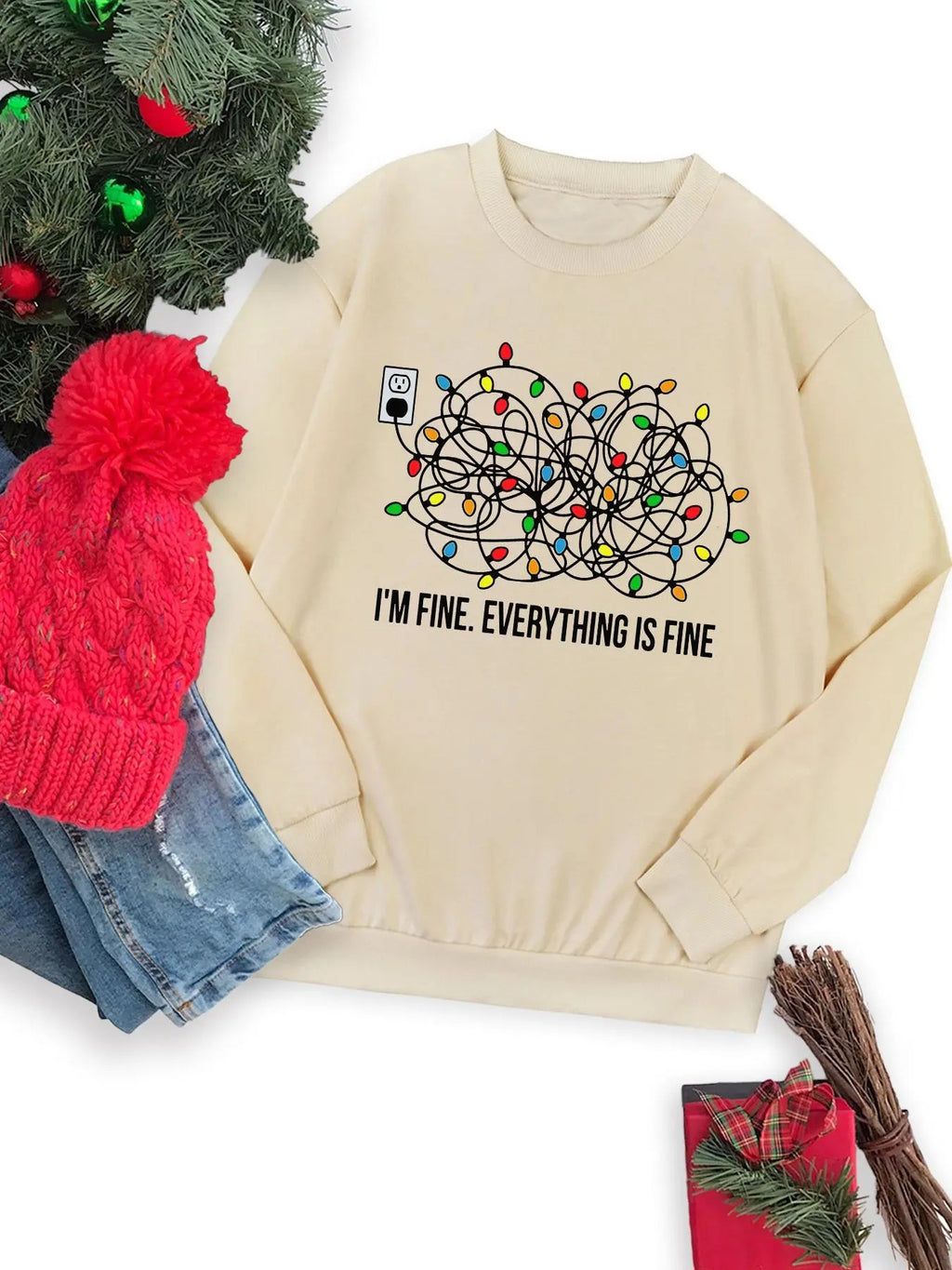 Women's Cartoon Christmas Light & Letter Print Round Neck Sweatshirt, Casual Long Sleeve Pullover, Ladies Fall & Winter...