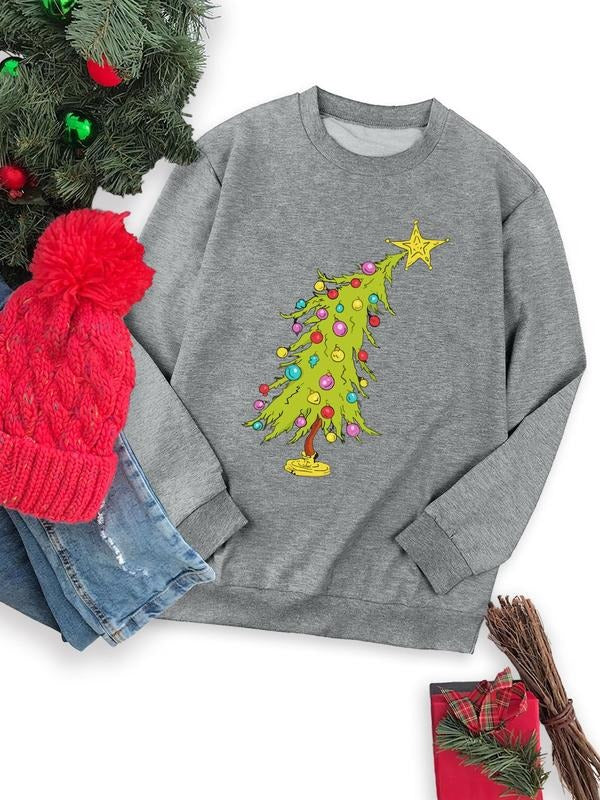 Women's Cartoon Christmas Tree Print Drop Shoulder Sweatshirt, Casual Long Sleeve Round Neck Pullover for Fall & Winter,...