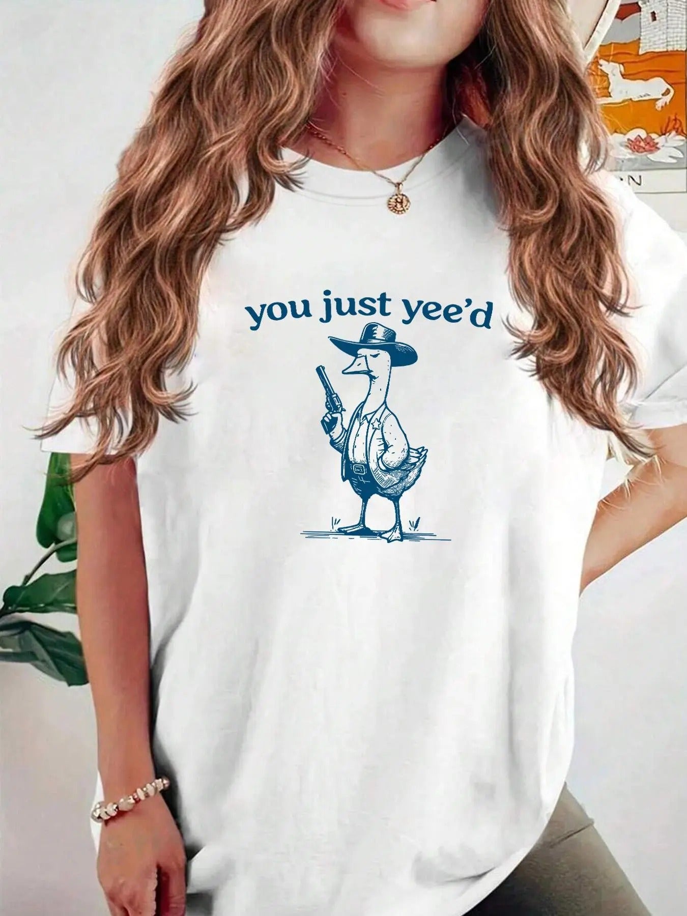 Women's Cartoon Duck & Letter Print Round Neck Tee, Casual Crew Neck Short Sleeve T-Shirt for Daily Holiday Vacation...