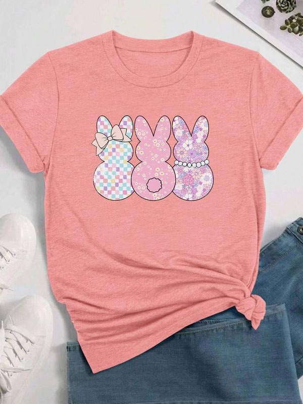 Women's Cartoon Easter Print Round Neck Tee, Fashion Casual Crew Neck T-Shirt for Daily Holiday Vacation Outdoor Wear,...