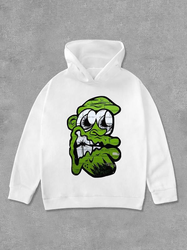 Women's Cartoon Face Print Drop Shoulder Hoodie, Fashion Casual Long Sleeve Hooded Sweatshirt for Daily Holiday Outdoor...