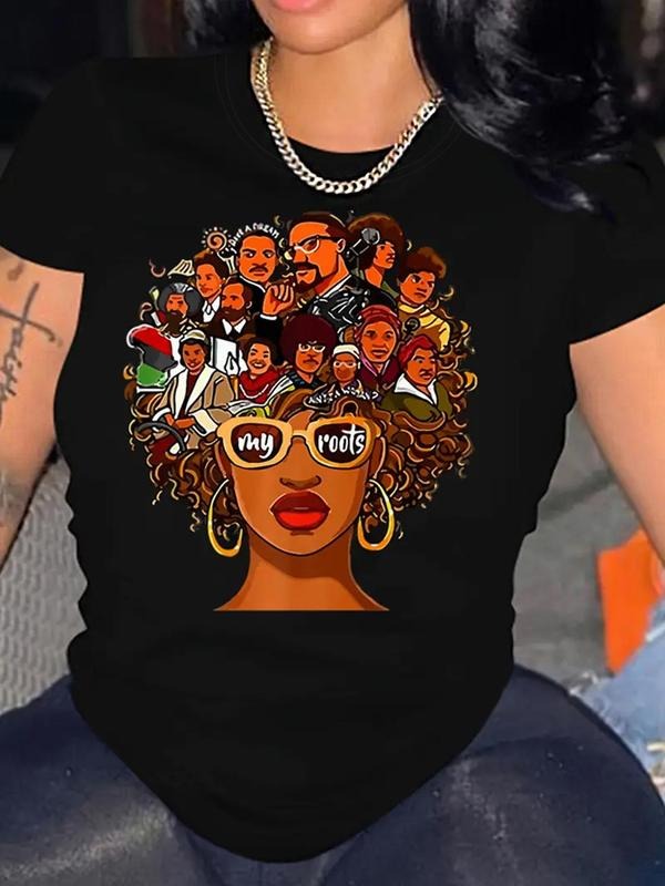 Women's Cartoon Figure & Letter Graphic Round Neck Tee, Fashion Casual Crew Neck T-Shirt for Daily Holiday Vacation...