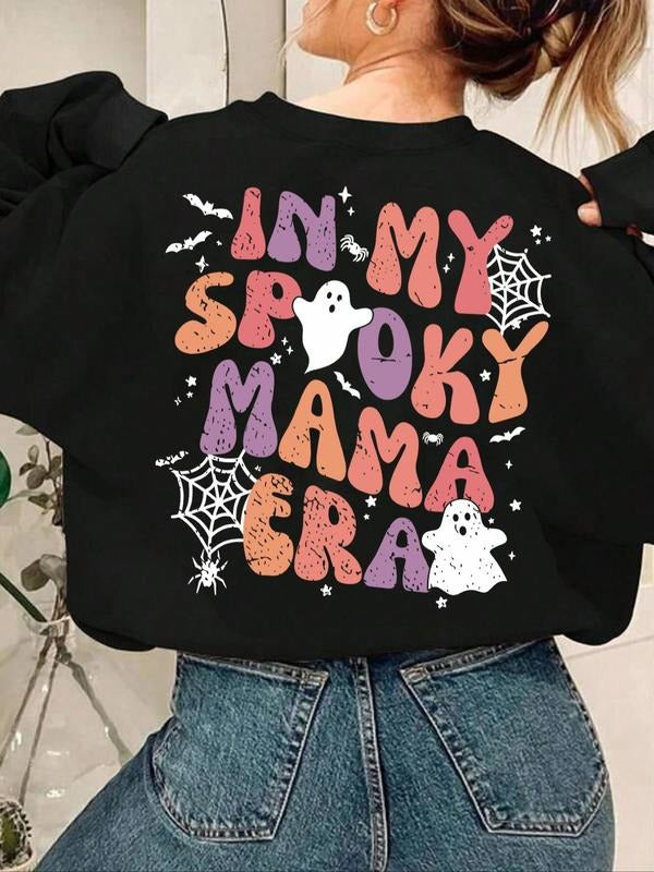 Women's Cartoon Ghost & Letter Print Crew Neck Sweatshirt, Casual Long Sleeve Pullover for Fall & Winter, Women's Clothes...