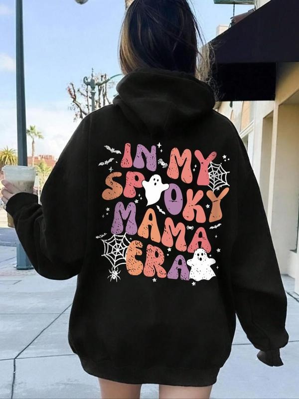 Women's Cartoon Ghost & Letter Print Drawstring Pocket Hoodie, Casual Long Sleeve Hooded Sweatshirt for Fall & Winter,...