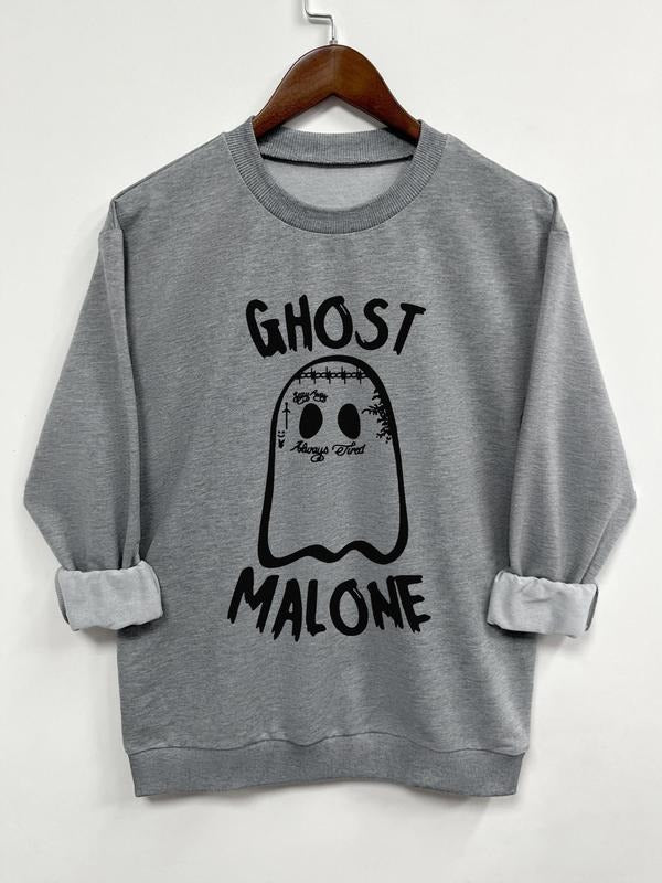 Women's Cartoon Ghost & Letter Print Drop Shoulder Sweatshirt, Casual Long Sleeve Round Neck Pullover for Spring & Fall,...