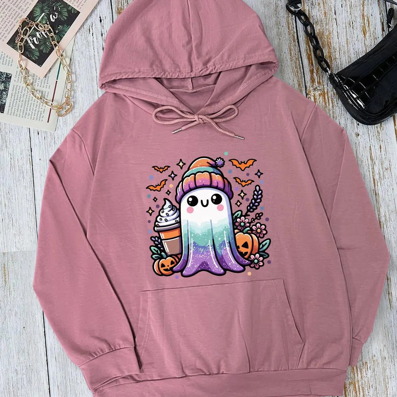 Women's Cartoon Ghost Print Drop Shoulder Hoodie, Fashion Casual Drawstring Pocket Hooded Sweatshirt for Daily Holiday...