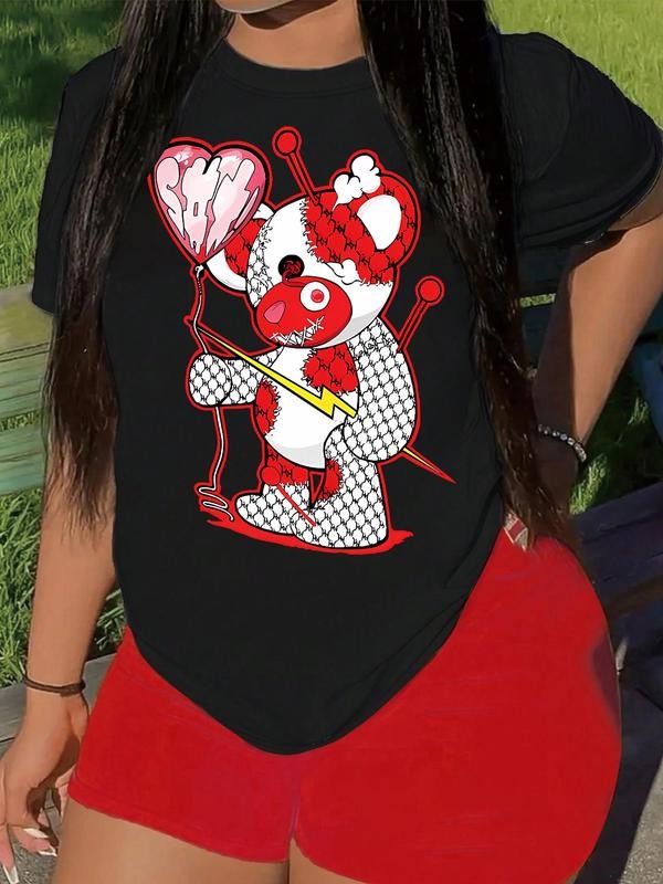 Women's Cartoon Graphic Print Round Neck Tee, Fashion Casual Short Sleeve T-Shirt for Summer, Women's Top for Daily Wear...