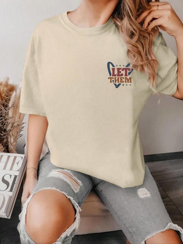 Women's Cartoon Letter Graphic Print Round Neck Tee, Fashion Casual Drop Shoulder Short Sleeve T-shirt for Daily Wear,...