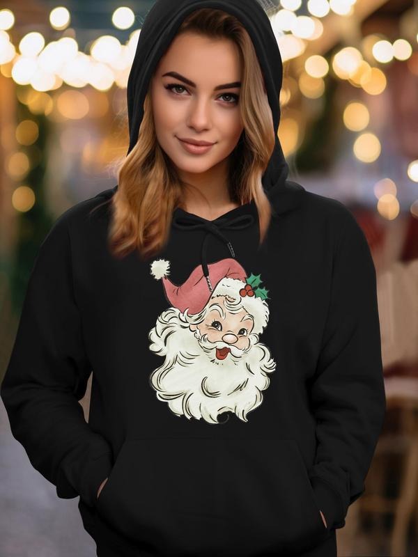 Women's Cartoon Santa Claus Print Drawstring Pocket Hoodie, Casual Long Sleeve Hooded Sweatshirt for Fall & Winter,...