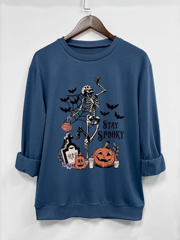 Women's Cartoon Skeleton & Letter Print Drop Shoulder Sweatshirt, Casual Halloween Themed Long Sleeve Round Neck Pullover...