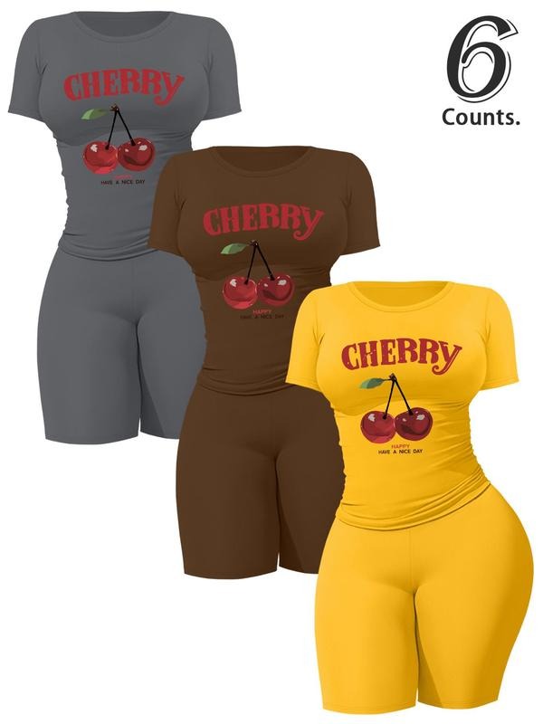 Women's Cherry Print Crop Tee & Shorts Set, Casual Short Sleeve T-shirt & Skinny Shorts, Ladies Two-piece Outfits for...