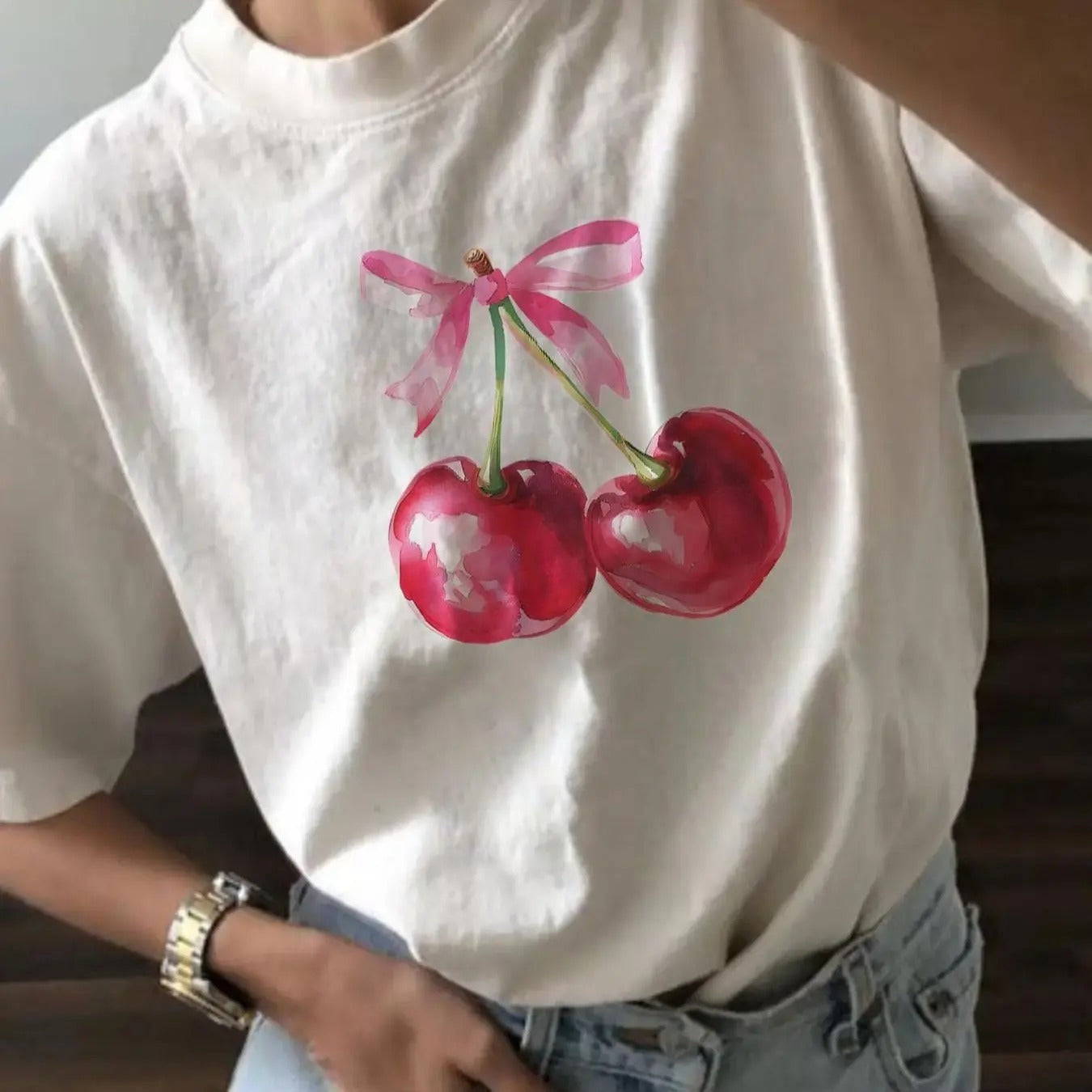 Women's Cherry Print Drop Shoulder Tee, Casual Half Sleeve Round Neck T-shirt for Summer, Women's Top for Daily Wear...