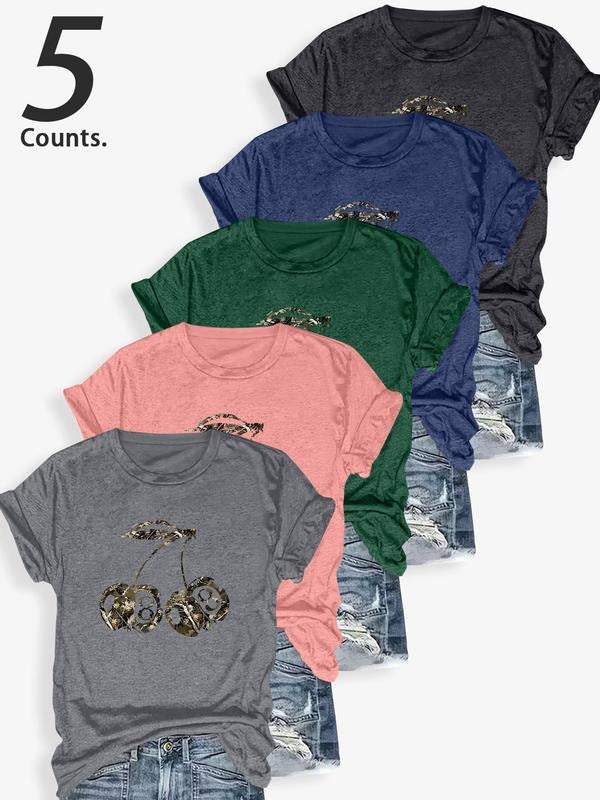 Women's Cherry Print Round Neck Tee, Casual Short Sleeve Crew Neck T-Shirt for Daily Wear, Ladies Clothes for All...