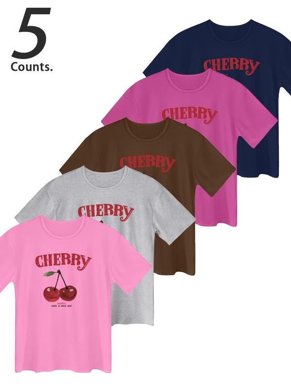 Women's Cherry Print Round Neck Tee, Casual Short Sleeve Crew Neck T-Shirt for Summer, Fashion Women's Top for Daily Wear...