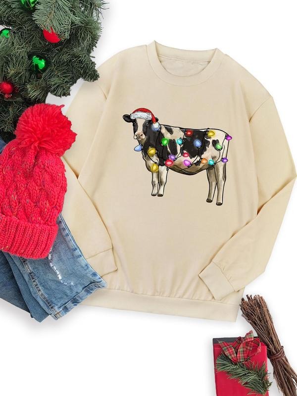 Women's Christmas Cartoon Cow Print Drop Shoulder Sweatshirt, Casual Long Sleeve Round Neck Pullover for Daily Wear,...