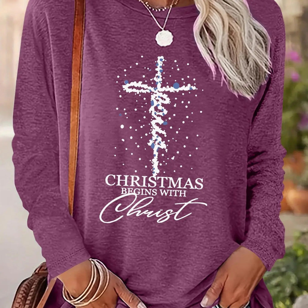 Women's Christmas Cross & Letter Print Drop Shoulder T-shirt, Casual Long Sleeve Round Neck Pullover for Daily Wear,...