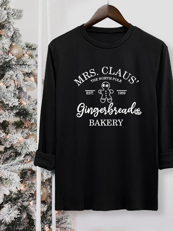 Women's Christmas Gingerbread Letter Print Round Neck Tee, Casual Long Sleeve Crew Neck T-shirt for Fall & Winter,...