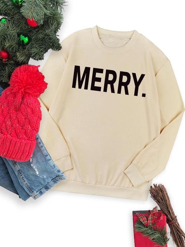 Women's Christmas Letter Print Round Neck Sweatshirt, Casual Long Sleeve Crew Neck Pullover for Fall & Winter, Women's...