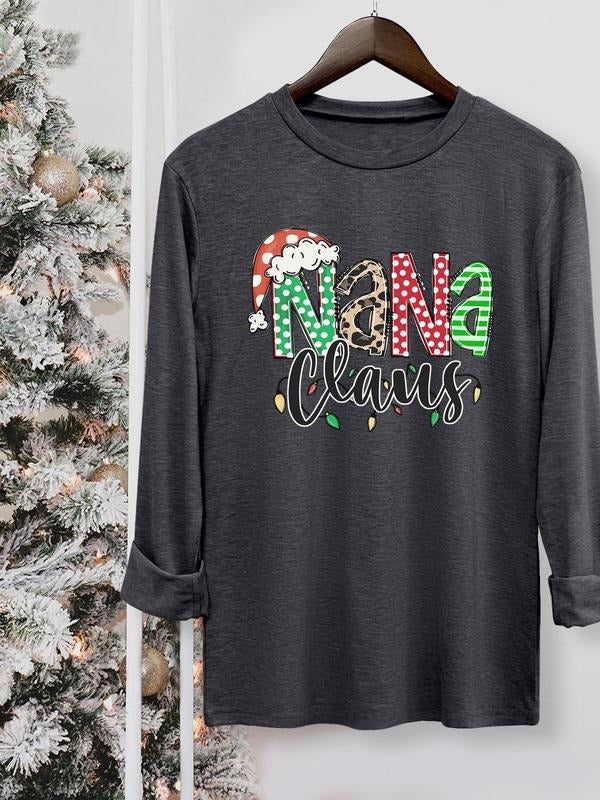 Women's Christmas Letter Print Round Neck Tee, Casual Long Sleeve Crew Neck T-shirt for Fall & Winter, Women's Top for...
