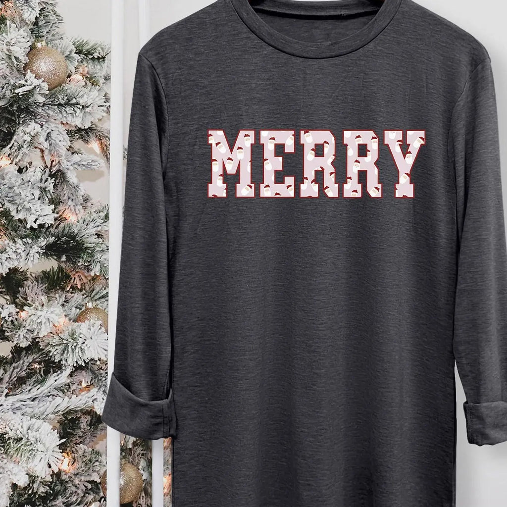 Women's Christmas Letter Print Round Neck Tee, Casual Long Sleeve Crew Neck T-shirt for Fall & Winter, Women's Top for...