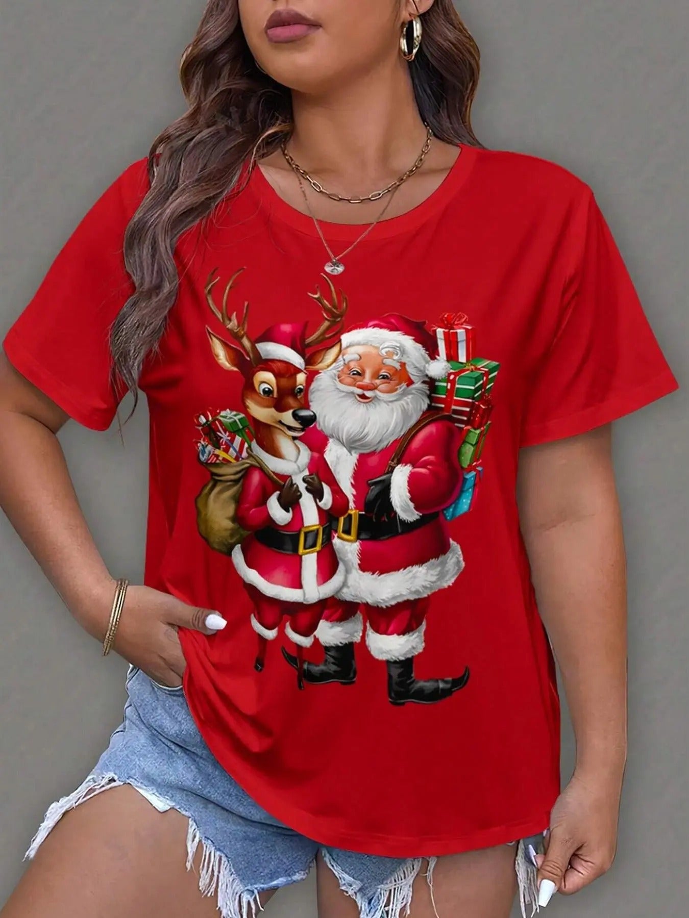 Women's Christmas Reindeer & Santa Claus Print Round Neck Tee, Casual Short Sleeve Crew Neck T-Shirt for Daily Wear,...