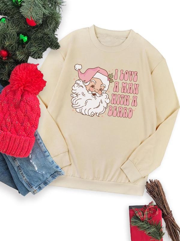 Women's Christmas Santa Claus & Letter Print Crew Neck Pullover, Casual Long Sleeve Sweatshirt for Fall & Winter, Women's...