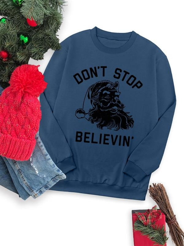 Women's Christmas Santa Claus & Letter Print Round Neck Sweatshirt, Casual Long Sleeve Crew Neck Pullover for Fall &...