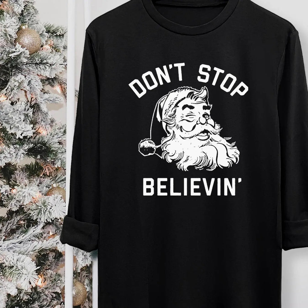 Women's Christmas Santa Claus & Letter Print Round Neck Tee, Casual Long Sleeve Crew Neck T-shirt for Fall & Winter,...